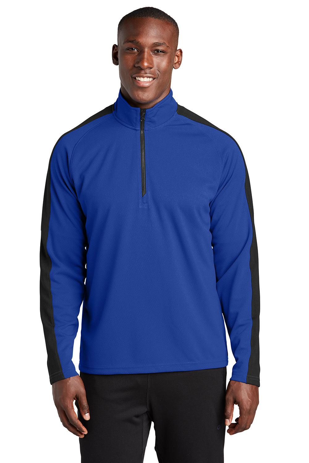 Sport-Tek ST861 Mens Sport-Wick Moisture Wicking 1/4 Zip Sweatshirt True Royal Blue/Black Model Front