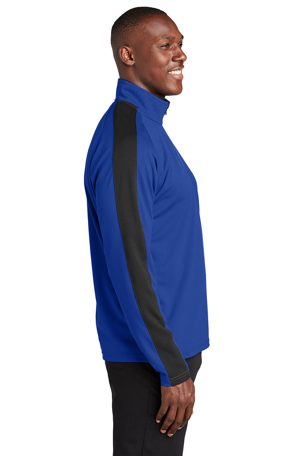 Sport-Tek ST861 Mens Sport-Wick Moisture Wicking 1/4 Zip Sweatshirt True Royal Blue/Black Model Side