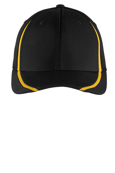 Sport-Tek STC16 Moisture Wicking Stretch Fit Hat Black/Gold Flat Front