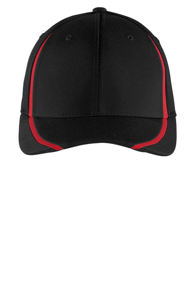 Sport-Tek STC16 Moisture Wicking Stretch Fit Hat Black/True Red Flat Front