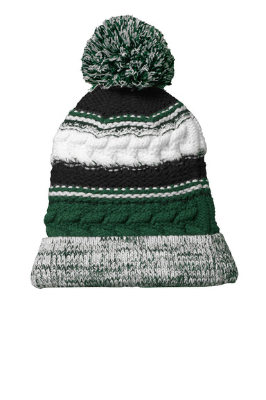 Sport-Tek STC21 Pom Pom Team Beanie Forest Green/Black/White Flat Front