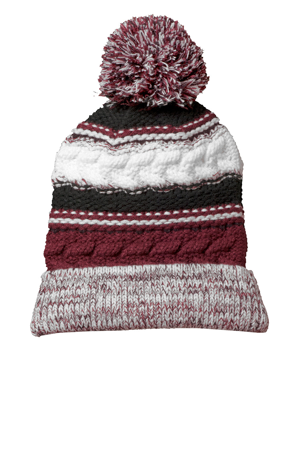 Sport-Tek STC21 Pom Pom Team Beanie Maroon/Black/White Flat Front