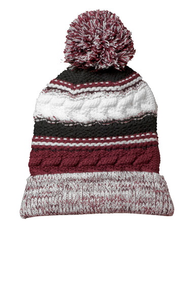 Sport-Tek STC21 Pom Pom Team Beanie Maroon/Black/White Flat Front