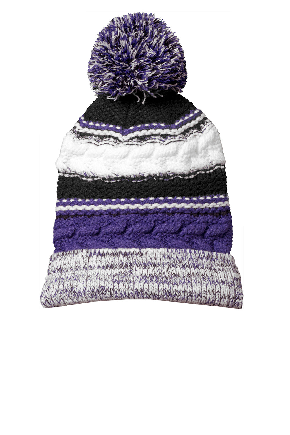 Sport-Tek STC21 Pom Pom Team Beanie Purple/Black/White Flat Front