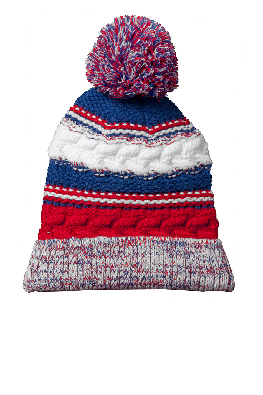 Sport-Tek STC21 Pom Pom Team Beanie True Red/True Royal Blue/White Flat Front