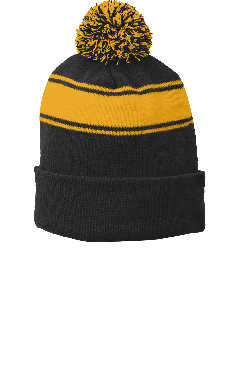 Sport-Tek STC28 Stripe Pom Pom Beanie Black/Gold Flat Front