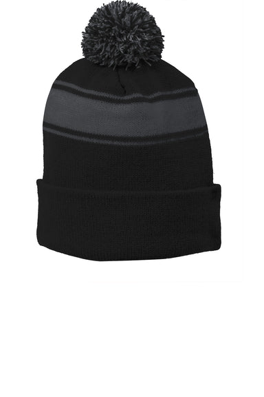 Sport-Tek STC28 Stripe Pom Pom Beanie Black/Iron Grey Flat Front