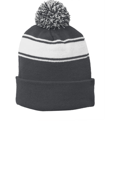 Sport-Tek STC28 Stripe Pom Pom Beanie Iron Grey/White Flat Front