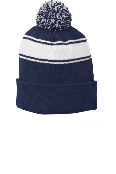 Sport-Tek STC28 Stripe Pom Pom Beanie True Navy Blue/White Flat Front