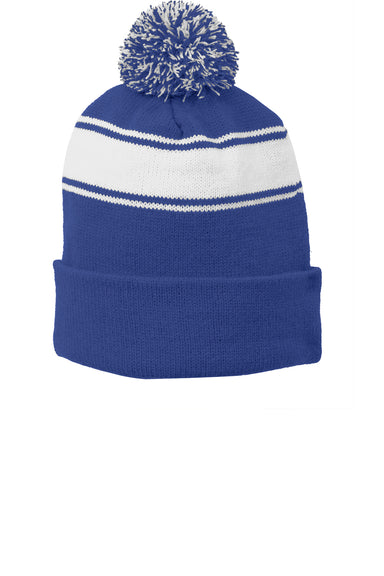 Sport-Tek STC28 Stripe Pom Pom Beanie True Royal Blue/White Flat Front