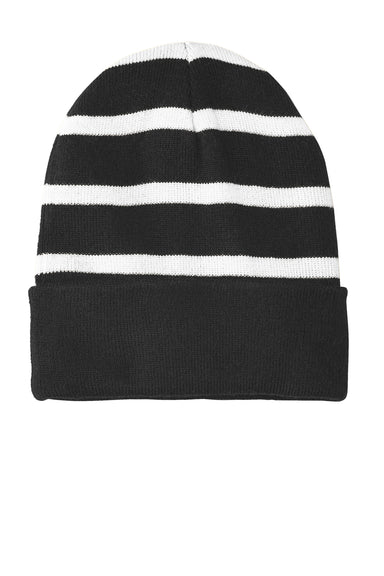 Sport-Tek STC31 Striped Beanie Black/White Flat Front