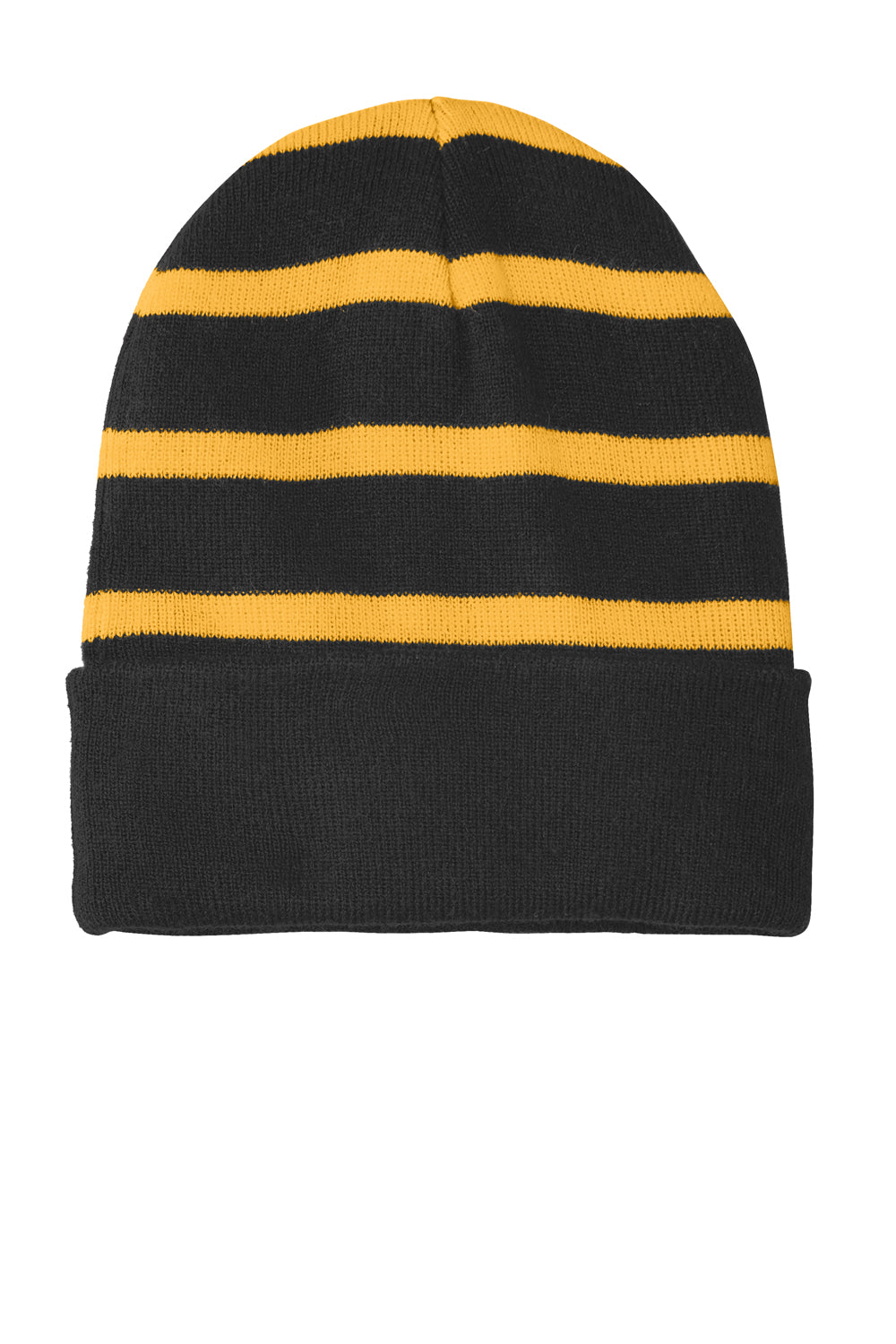 Sport-Tek STC31 Striped Beanie Black/Gold Flat Front