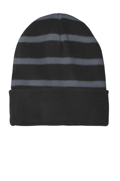 Sport-Tek STC31 Striped Beanie Black/Iron Grey Flat Front