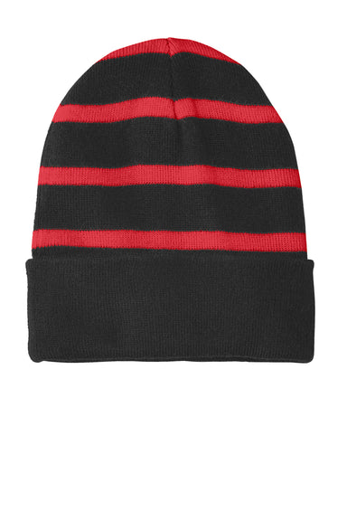 Sport-Tek STC31 Striped Beanie Black/True Red Flat Front