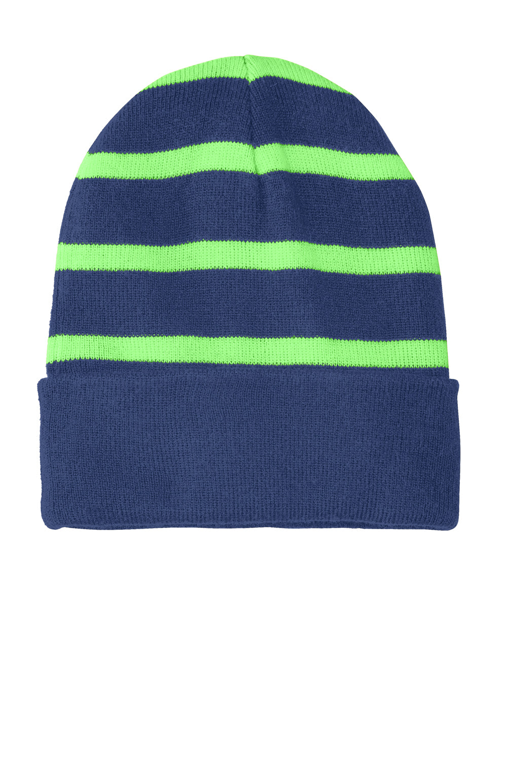 Sport-Tek STC31 Striped Beanie Team Navy Blue/Flash Green Flat Front