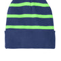 Sport-Tek Mens Striped Beanie - Team Navy Blue/Flash Green