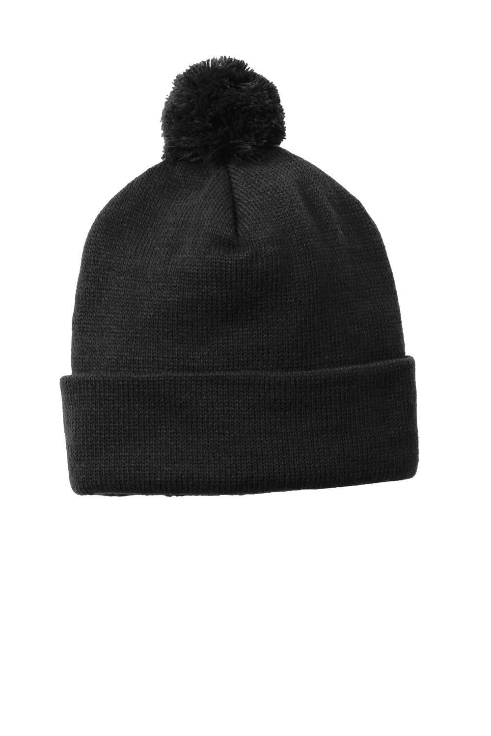 Sport-Tek STC37 Solid Pom Pom Beanie Black Flat Front