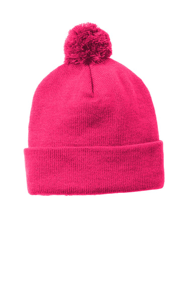 Sport-Tek STC37 Solid Pom Pom Beanie Raspberry Pink Flat Front