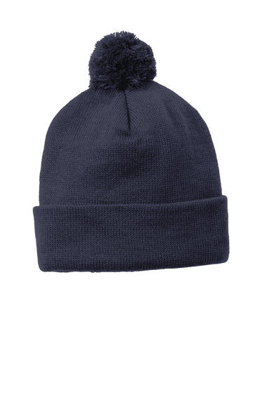 Sport-Tek STC37 Solid Pom Pom Beanie True Navy Blue Flat Front