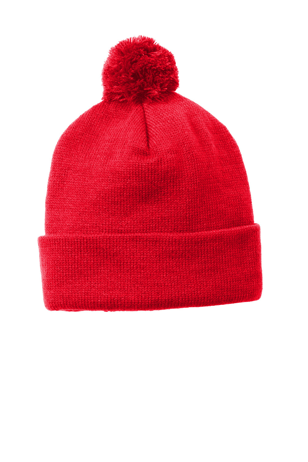 Sport-Tek STC37 Solid Pom Pom Beanie True Red Flat Front