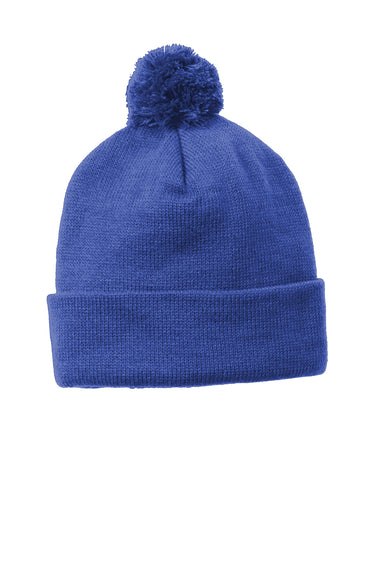 Sport-Tek STC37 Solid Pom Pom Beanie True Royal Blue Flat Front