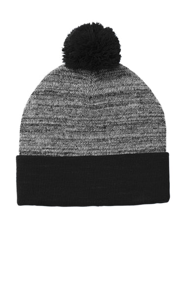 Sport-Tek STC41 Heather Pom Pom Beanie Black/Heather Grey Flat Front