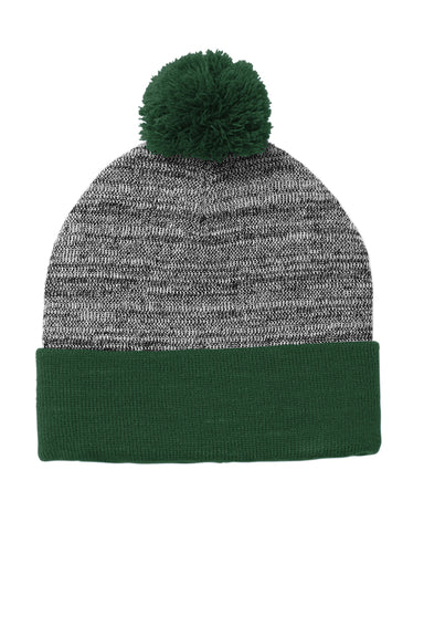 Sport-Tek STC41 Heather Pom Pom Beanie Forest Green/Heather Grey Flat Front