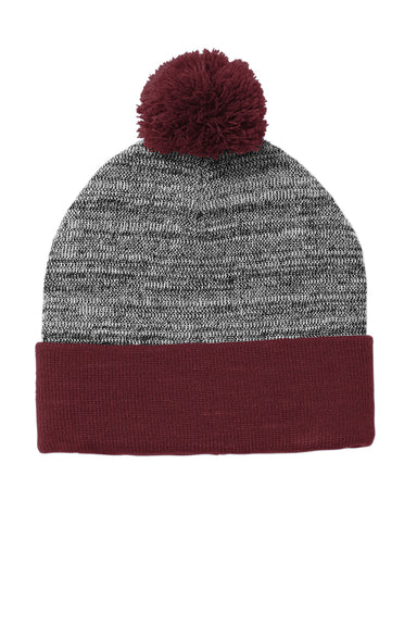 Sport-Tek STC41 Heather Pom Pom Beanie Maroon/Heather Grey Flat Front