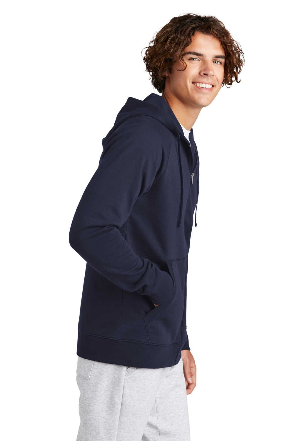 Sport-Tek STF201 Mens Drive Fleece Full Zip Hooded Sweatshirt Hoodie True Navy Blue Model Side