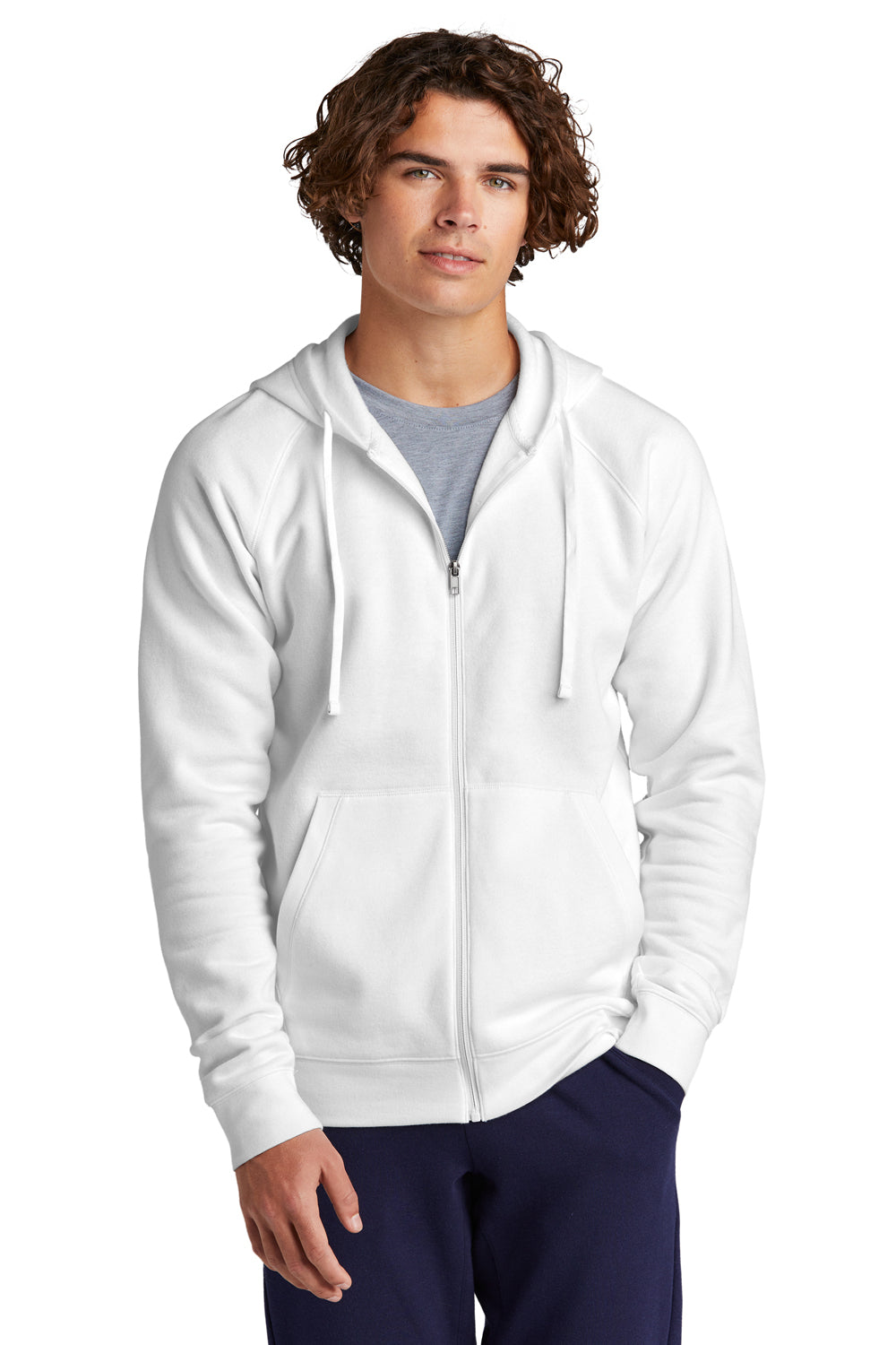 Sport-Tek STF201 Mens Drive Fleece Full Zip Hooded Sweatshirt Hoodie White Model Front