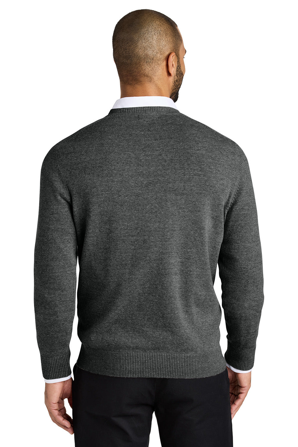 Port Authority SW2850 Mens Easy Care Long Sleeve V-Neck Sweater Heather Charcoal Grey Model Back