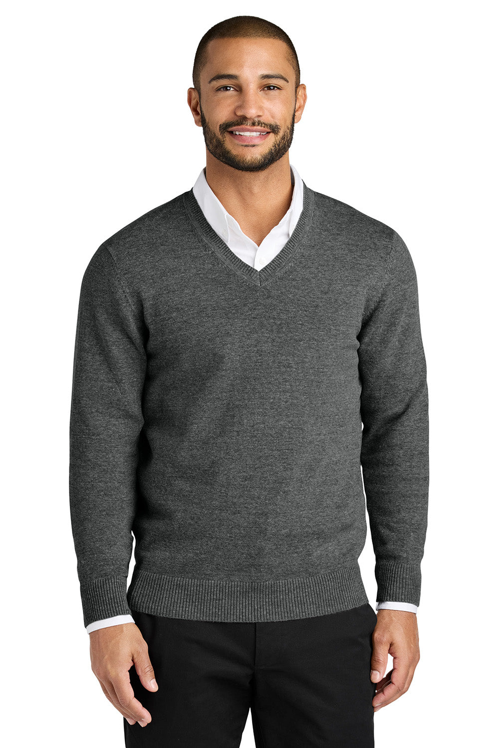 Port Authority SW2850 Mens Easy Care Long Sleeve V-Neck Sweater Heather Charcoal Grey Model Front