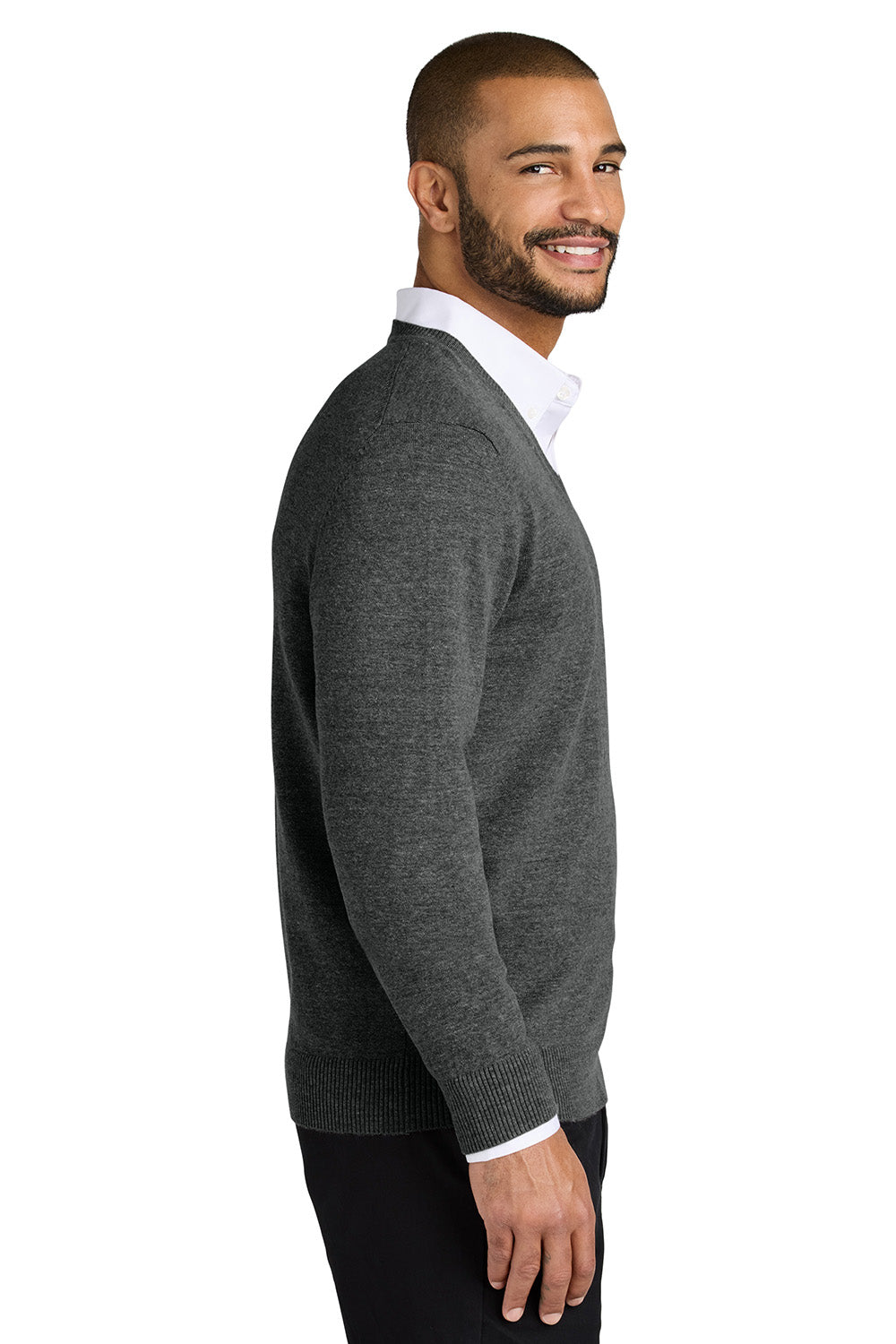 Port Authority SW2850 Mens Easy Care Long Sleeve V-Neck Sweater Heather Charcoal Grey Model Side