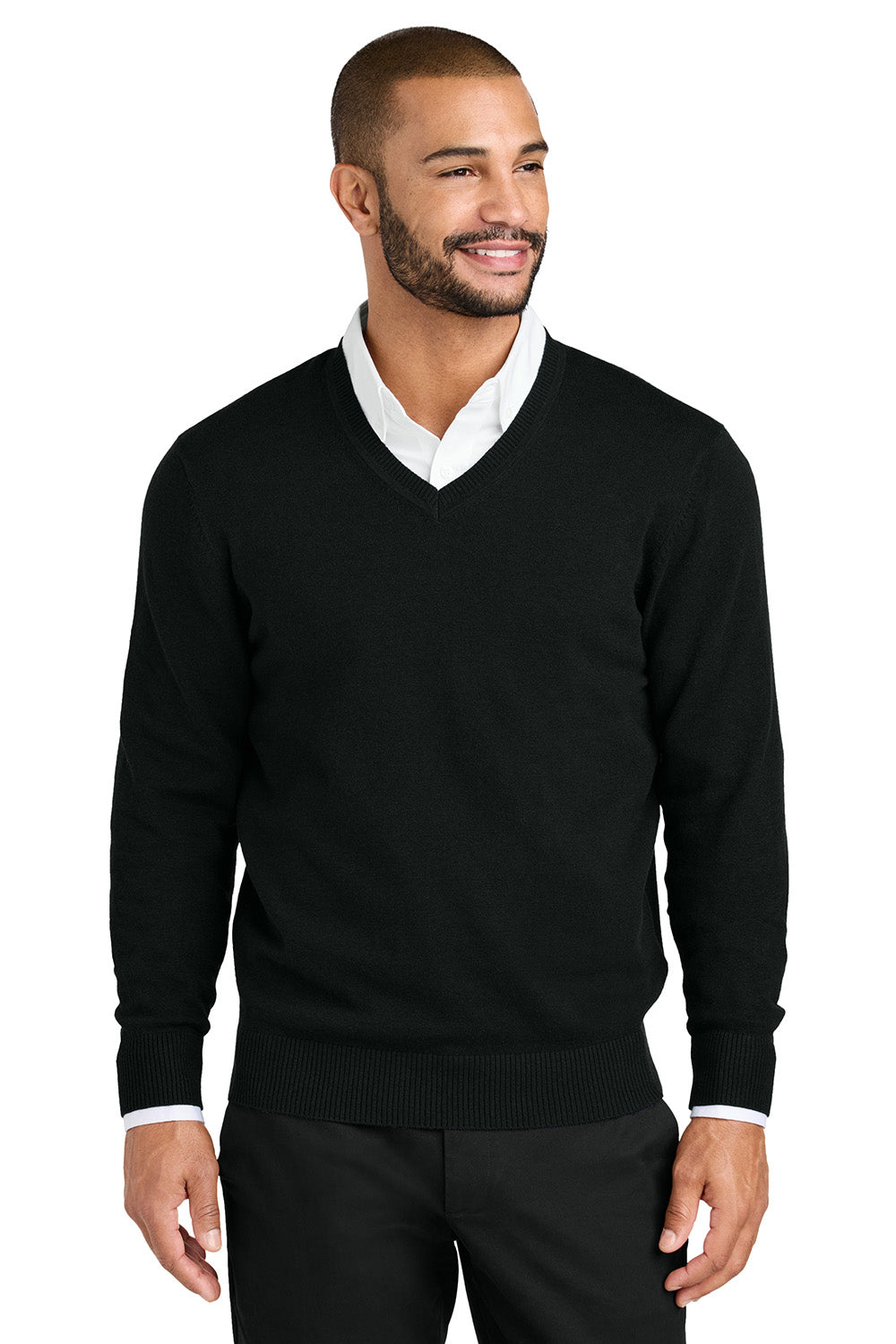 Port Authority SW2850 Mens Easy Care Long Sleeve V-Neck Sweater Deep Black Model Front