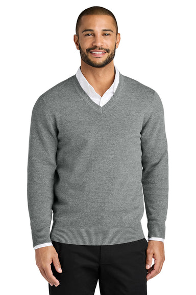 Port Authority SW2850 Mens Easy Care Long Sleeve V-Neck Sweater Heather Medium Grey Model Front