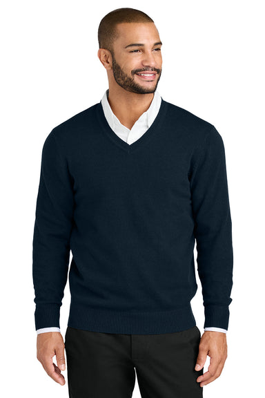 Port Authority SW2850 Mens Easy Care Long Sleeve V-Neck Sweater River Navy Blue Model Front