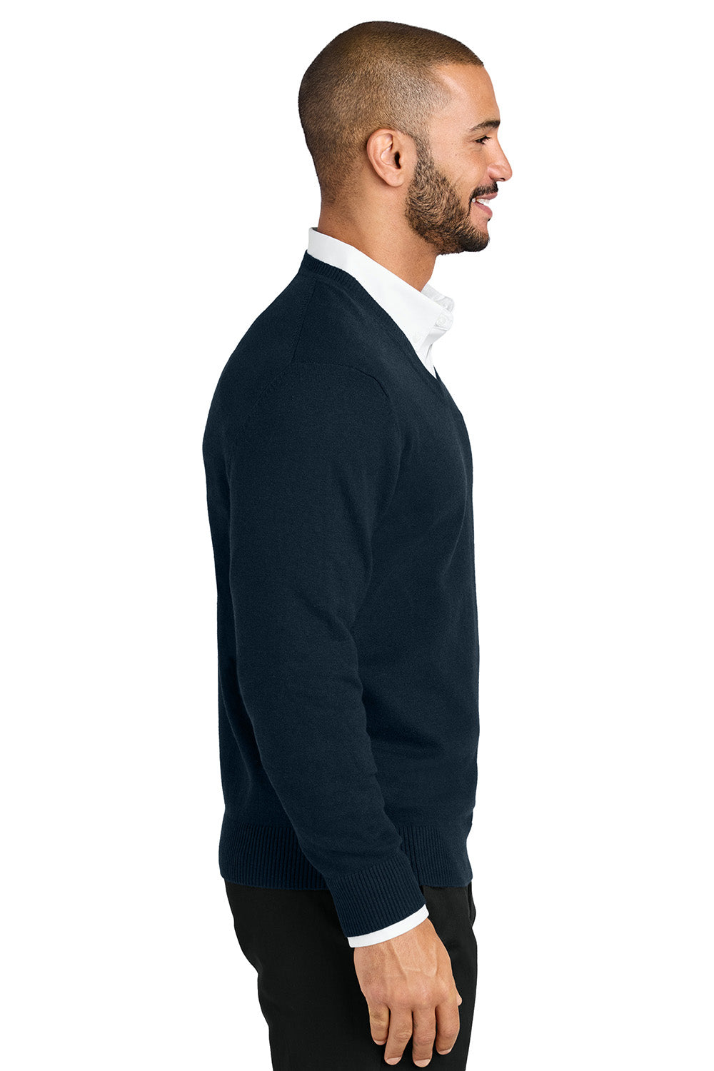 Port Authority SW2850 Mens Easy Care Long Sleeve V-Neck Sweater River Navy Blue Model Side