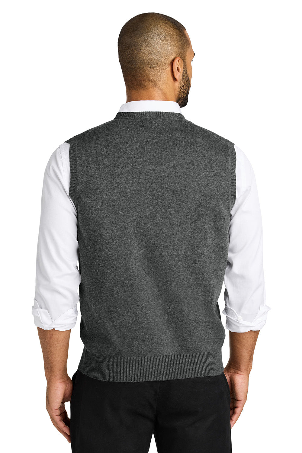 Port Authority SW2860 Mens Easy Care Sweater Vest Heather Charcoal Grey Model Back