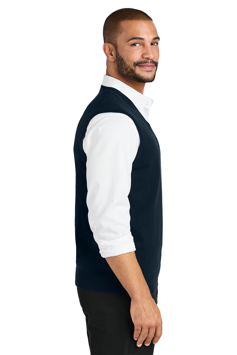 Port Authority SW2860 Mens Easy Care Sweater Vest River Navy Blue Model Side