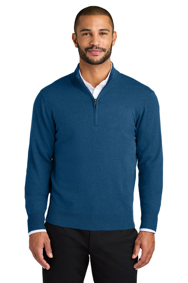 Port Authority SW2900 Mens Easy Care Long Sleeve 1/4 Zip Sweater Heather Aegean Blue Model Front