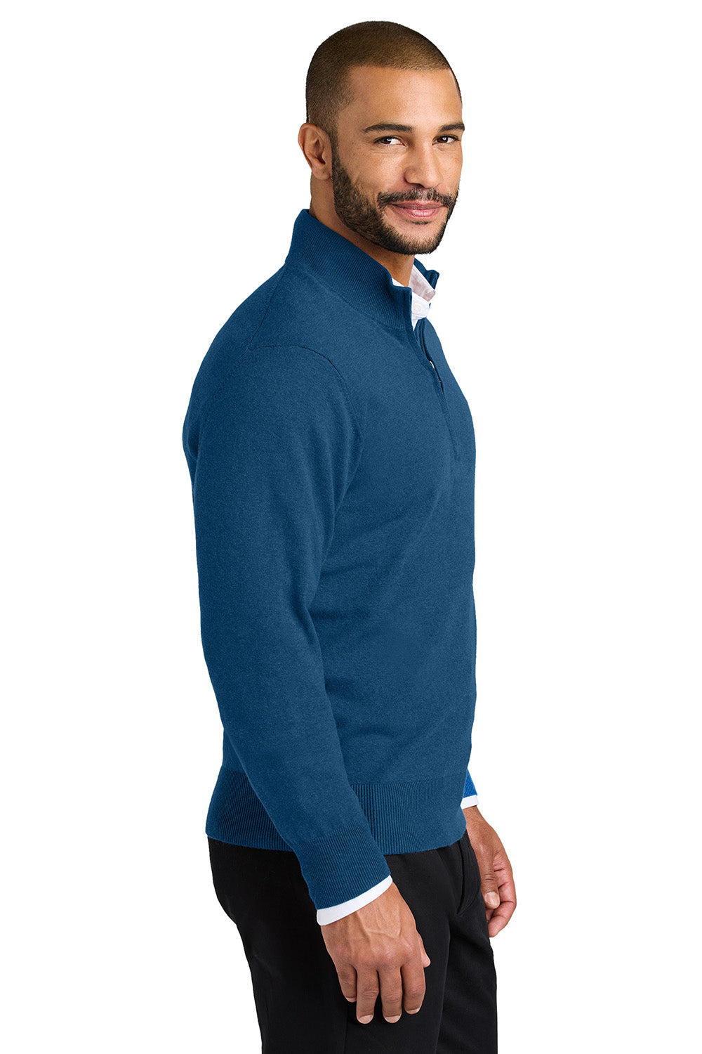 Port Authority SW2900 Mens Easy Care Long Sleeve 1/4 Zip Sweater Heather Aegean Blue Model Side