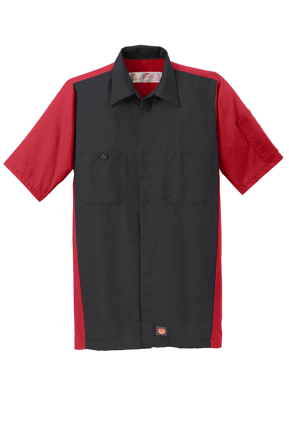 Red Kap SY20 Mens Crew Moisture Wicking Short Sleeve Button Down Shirt w/ Double Pockets Black/Red Flat Front