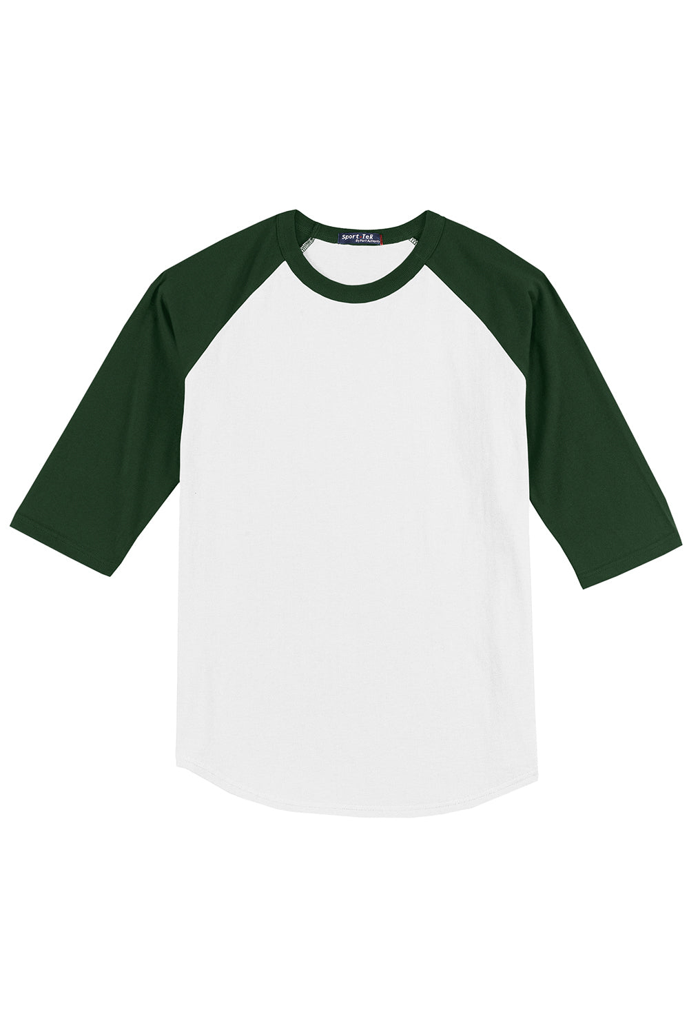 Sport-Tek T200 Mens 3/4 Sleeve Crewneck T-Shirt White/Forest Green Flat Front