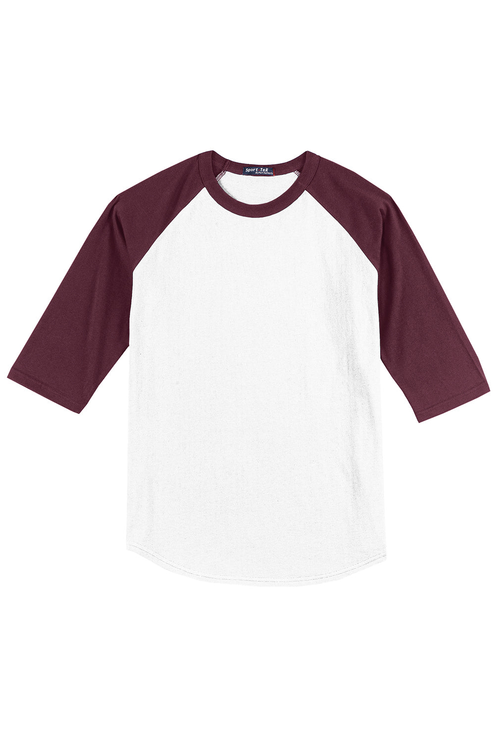 Sport-Tek T200 Mens 3/4 Sleeve Crewneck T-Shirt White/Maroon Flat Front