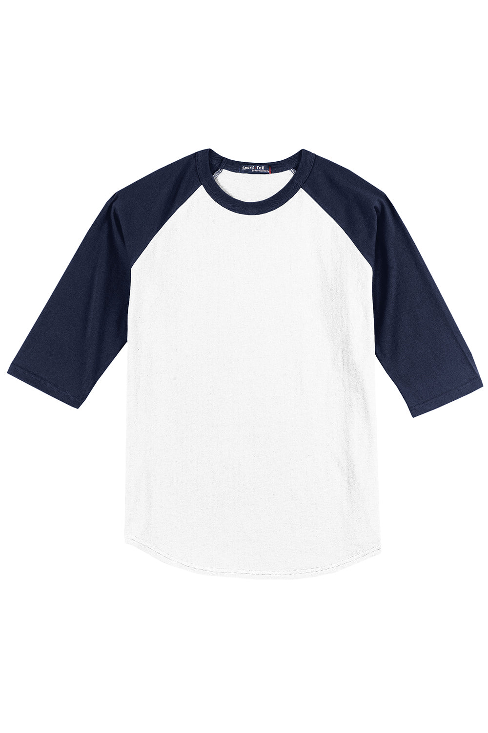 Sport-Tek T200 Mens 3/4 Sleeve Crewneck T-Shirt White/Navy Blue Flat Front