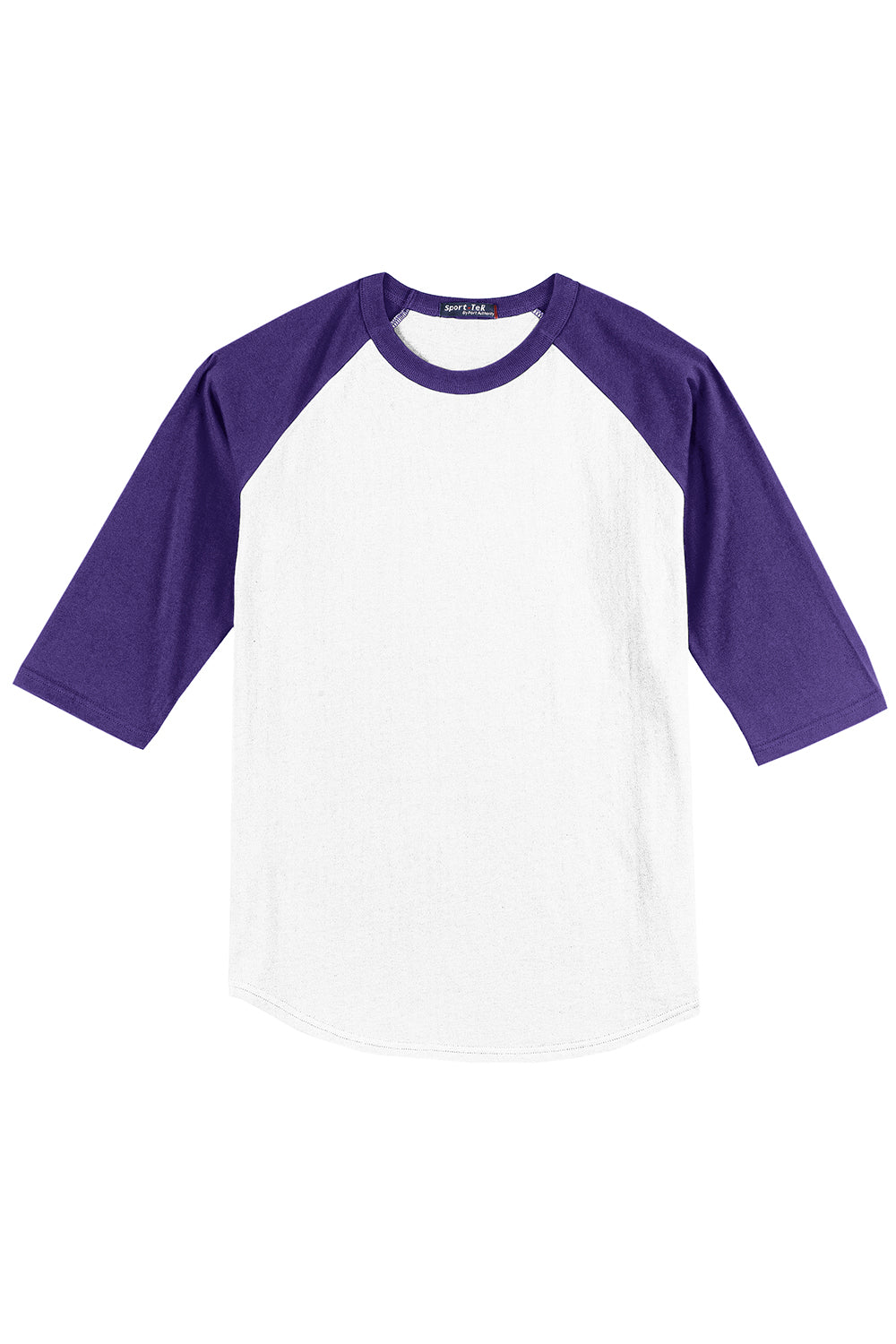 Sport-Tek T200 Mens 3/4 Sleeve Crewneck T-Shirt White/Purple Flat Front