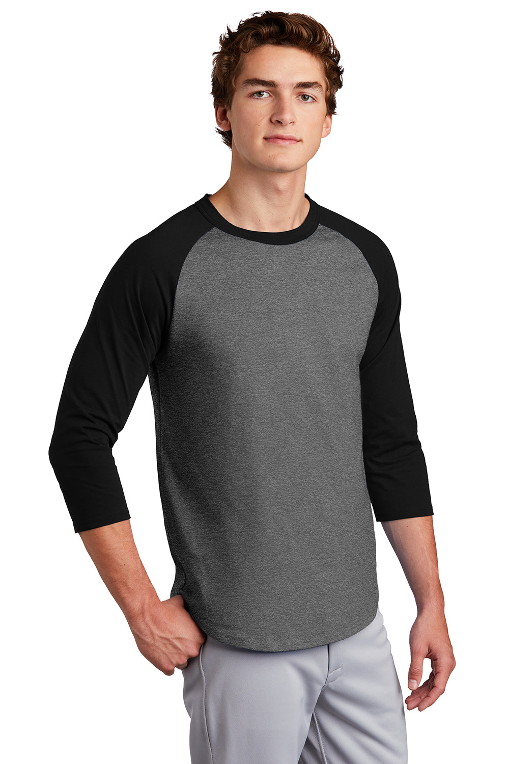 Sport-Tek T200 Mens 3/4 Sleeve Crewneck T-Shirt Heather Dark Grey/Black Model 3q