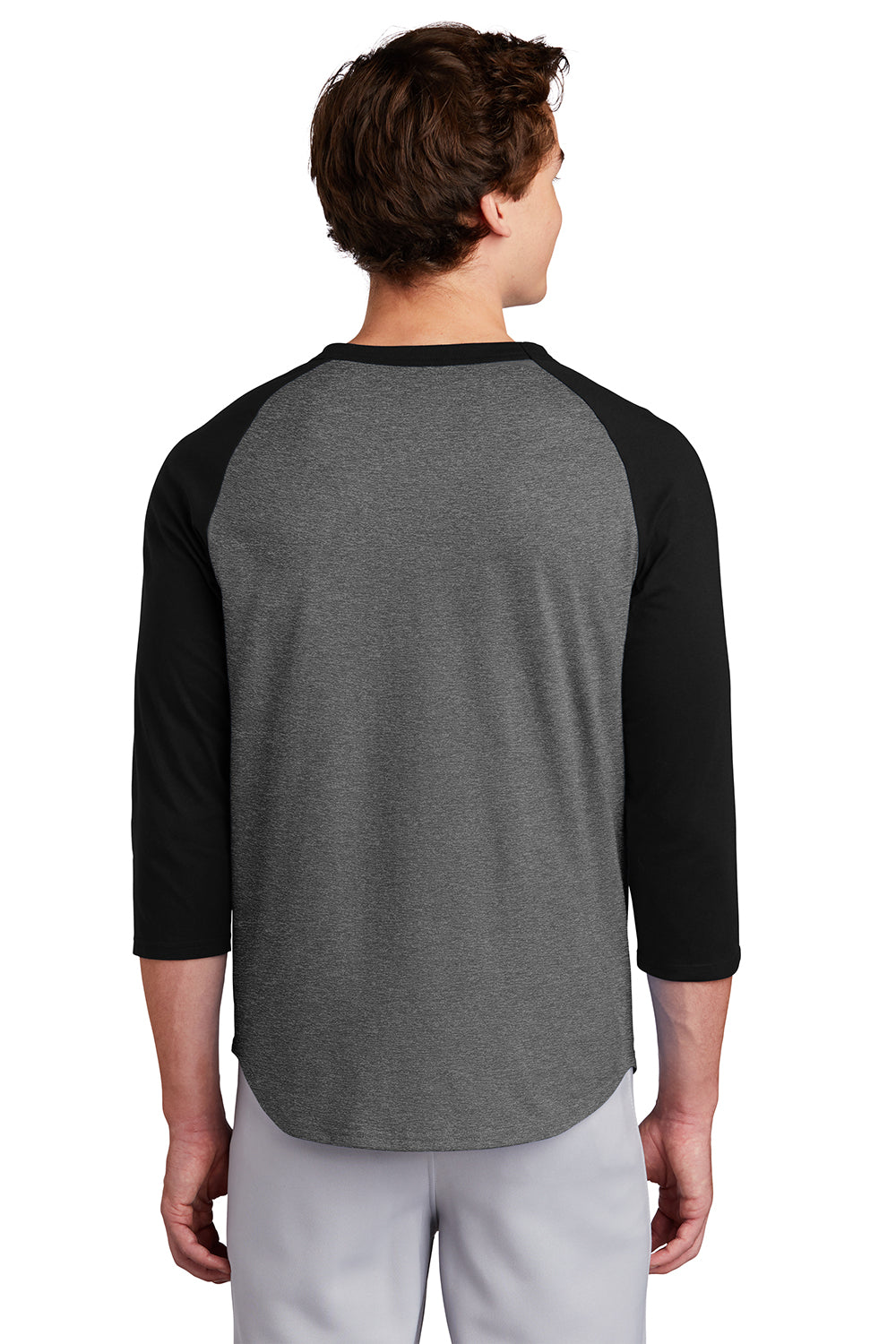 Sport-Tek T200 Mens 3/4 Sleeve Crewneck T-Shirt Heather Dark Grey/Black Model Back