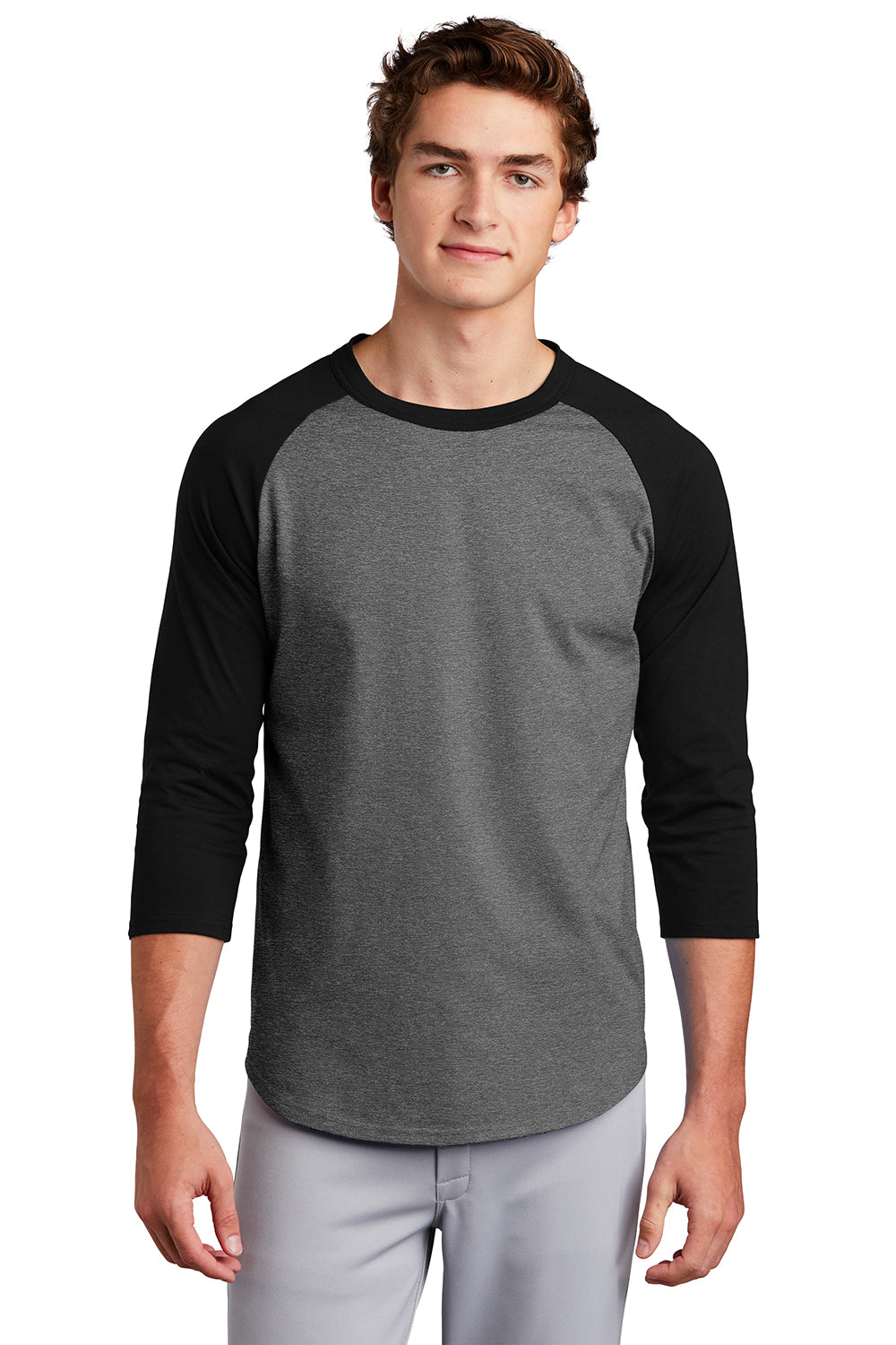 Sport-Tek T200 Mens 3/4 Sleeve Crewneck T-Shirt Heather Dark Grey/Black Model Front