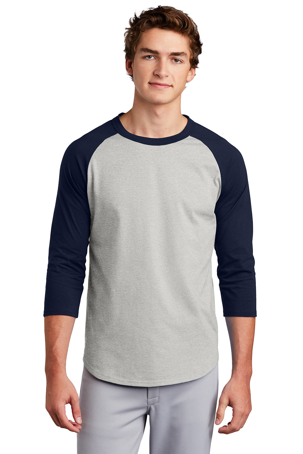 Sport-Tek T200 Mens 3/4 Sleeve Crewneck T-Shirt Heather Grey/Navy Blue Model Front